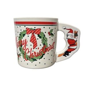 Christmas Mug White W/ Santa Clause Big  Handle Merry Christmas Wreath‎ on Mug